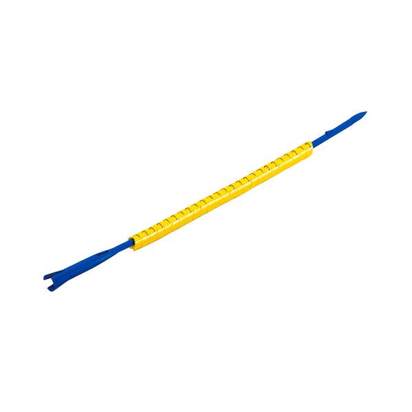 Leva per smontaggio isolata in giallo con terminali in metallo blu su sfondo bianco