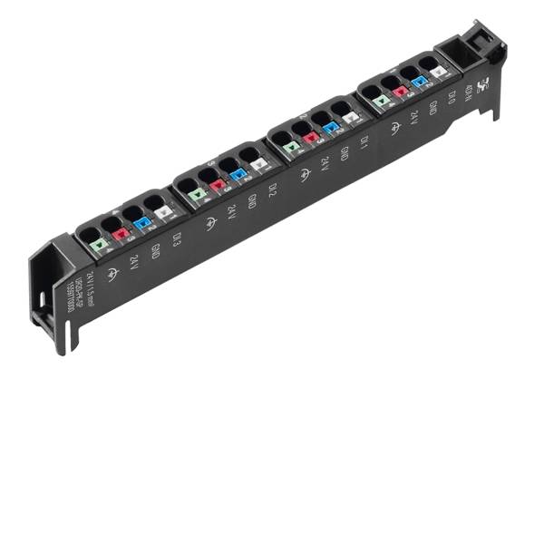 Pannello di gestione fibra ottica nero montabile a rack con porte adattatore numerate per organizzare molteplici connessioni di rete.