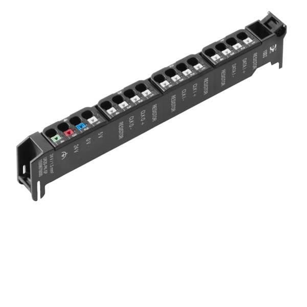 Morsettiera terminale modulare nera con multiple slot di connessione a vite, posizioni etichettate e marcatori colorati su sfondo bianco.