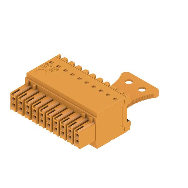Connettore elettrico arancione multipolare con linguetta di montaggio, mostrato su sfondo bianco.