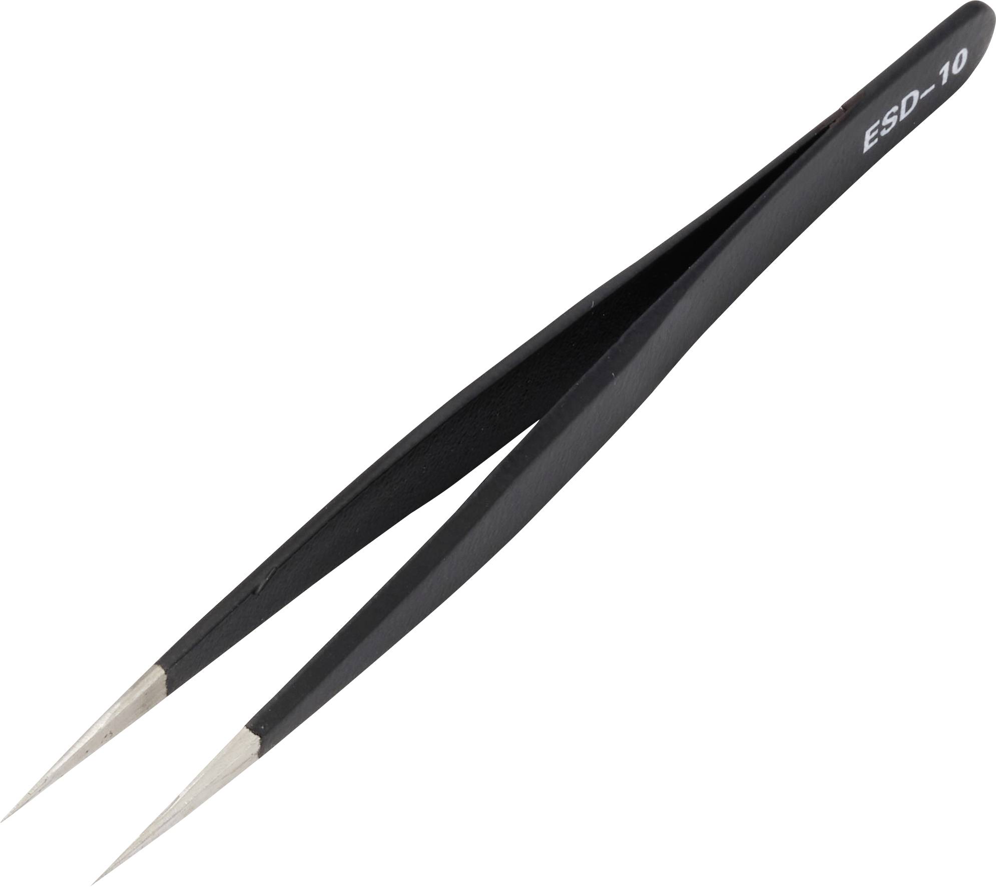 Pinzette di precisione nere con punte metalliche appuntite, etichettate 'ESD-10' su uno sfondo bianco.