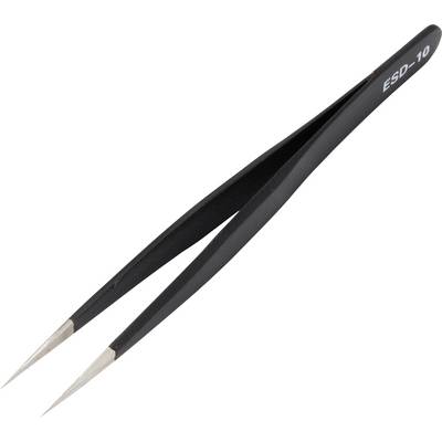Pinzette di precisione nere con punte metalliche appuntite, etichettate 'ESD-10' su uno sfondo bianco.