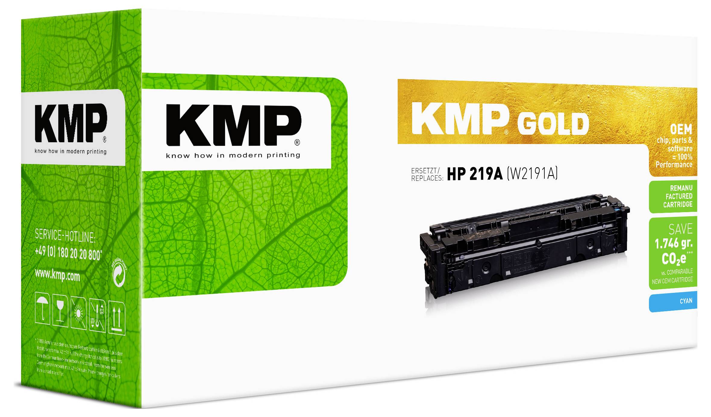 Scatola di cartuccia toner KMP Gold per HP 219A, mostrata con confezione verde e bianca con foto del prodotto ed etichette compatibili con l'OEM.