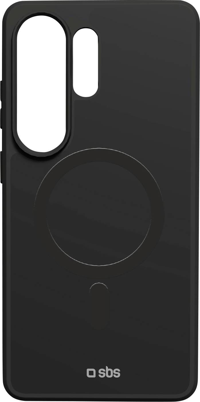 Custodia per smartphone nera con tre fori per le fotocamere posteriori, anello di stile MagSafe centrato e logo 'sbs' in basso.