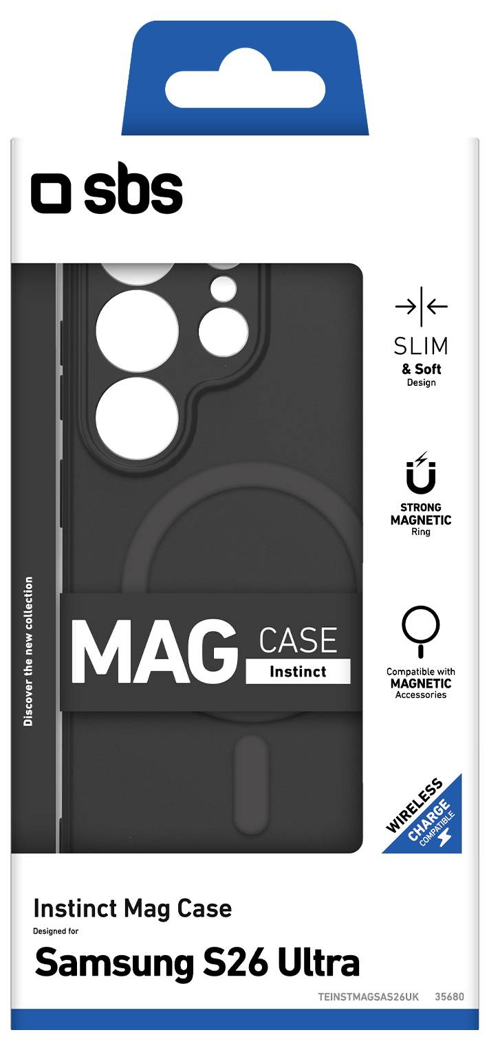 Imballaggio del prodotto per SBS 'MAG Case Instinct' progettato per Samsung S26 Ultra, che evidenzia il design sottile e morbido, l'anello magnetico robusto, la compatibilità degli accessori magnetici e la ricarica wireless.