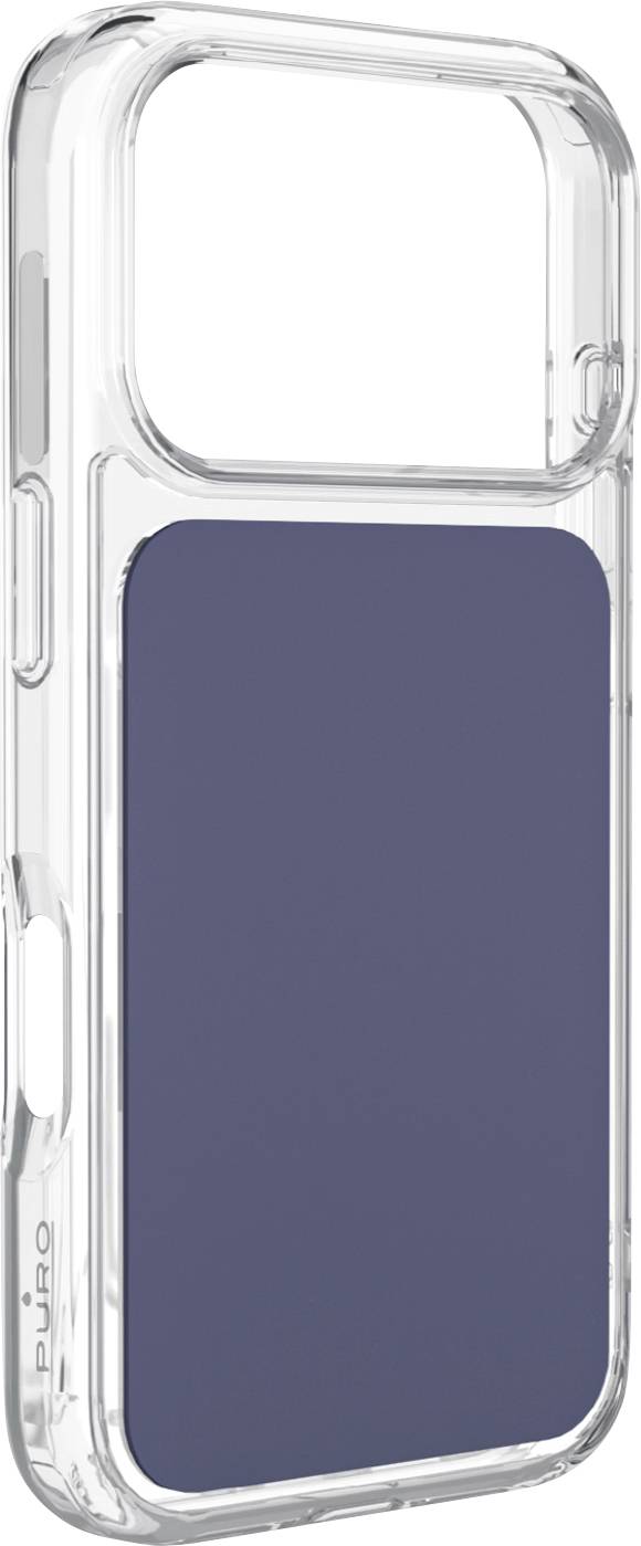 Custodia trasparente per telefono con un grande inserto rettangolare blu scuro o pannello centrato sul retro.