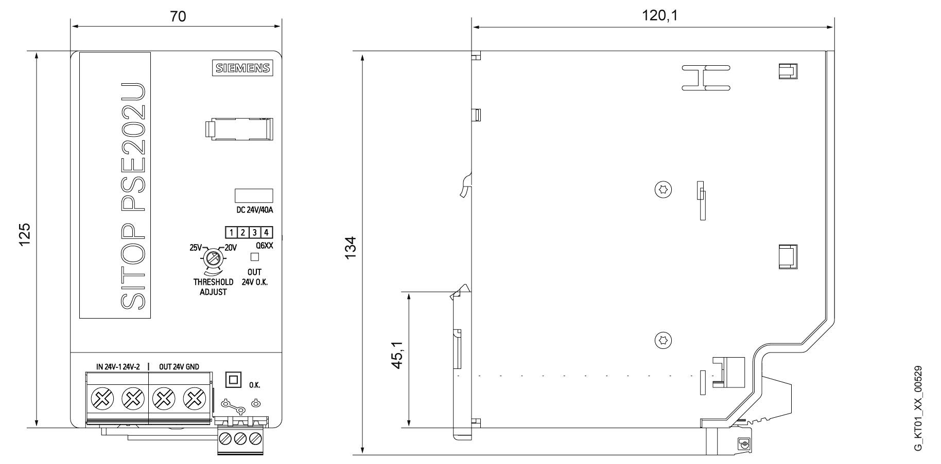 Disegno tecnico dimensionale di un dispositivo elettrico STOP PSE202U, che mostra viste frontali e laterali con misurazioni in millimetri.