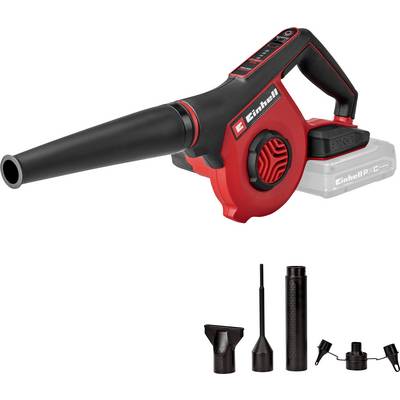 Soffiatore di foglie cordless rosso e nero con batteria, mostrato con quattro accessori ugelli su sfondo bianco.
