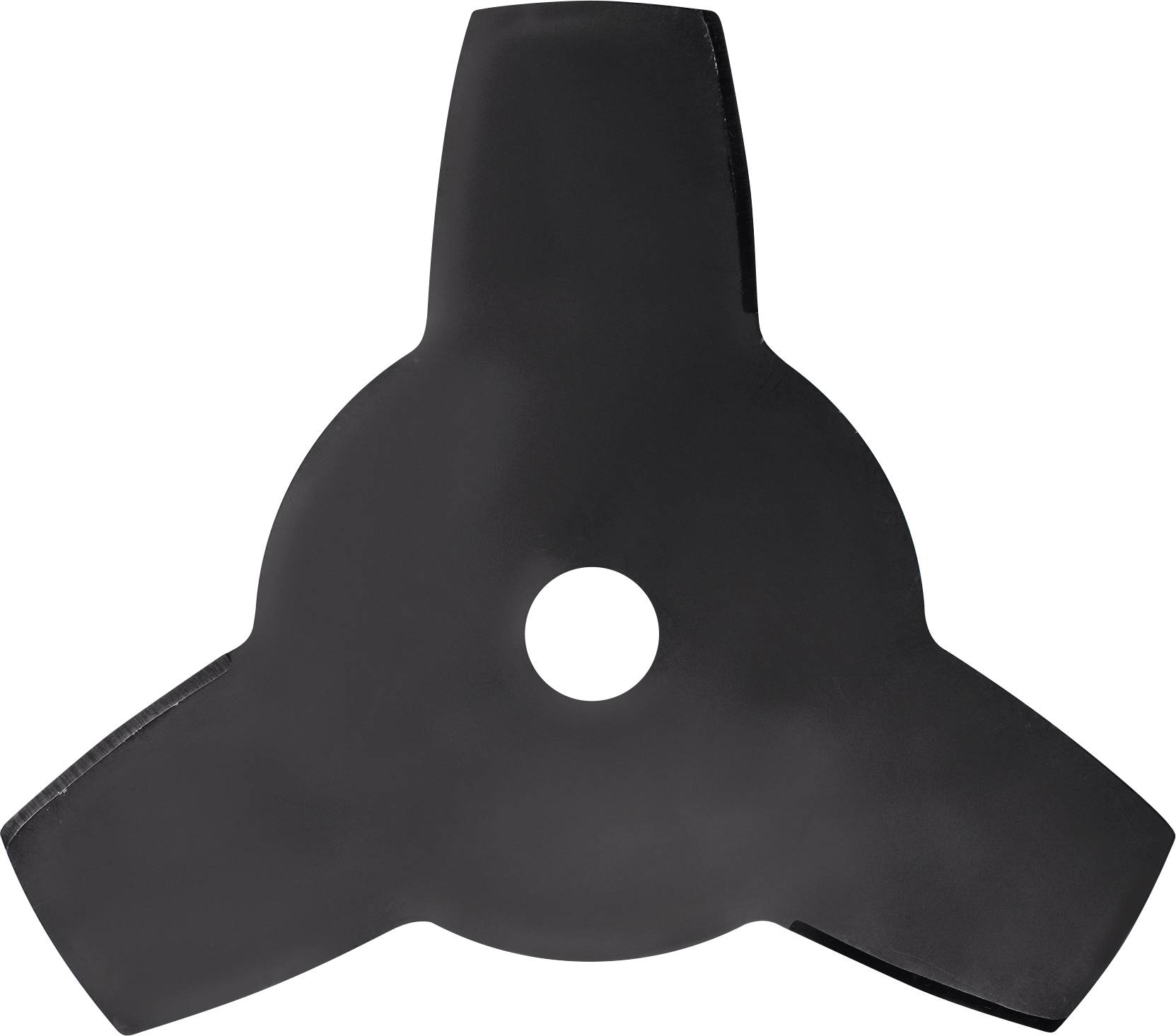Ventilatore nero a tre pale o pala di elica con foro di montaggio centrale su sfondo bianco.