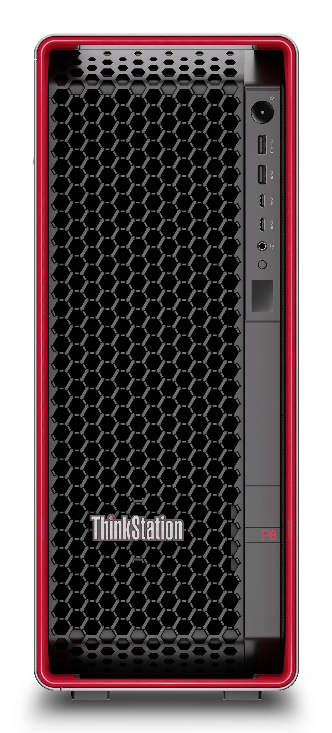 Vista frontale di una torre desktop Lenovo ThinkStation P8 con griglia nera a nido d'ape e dettagli rossi.
