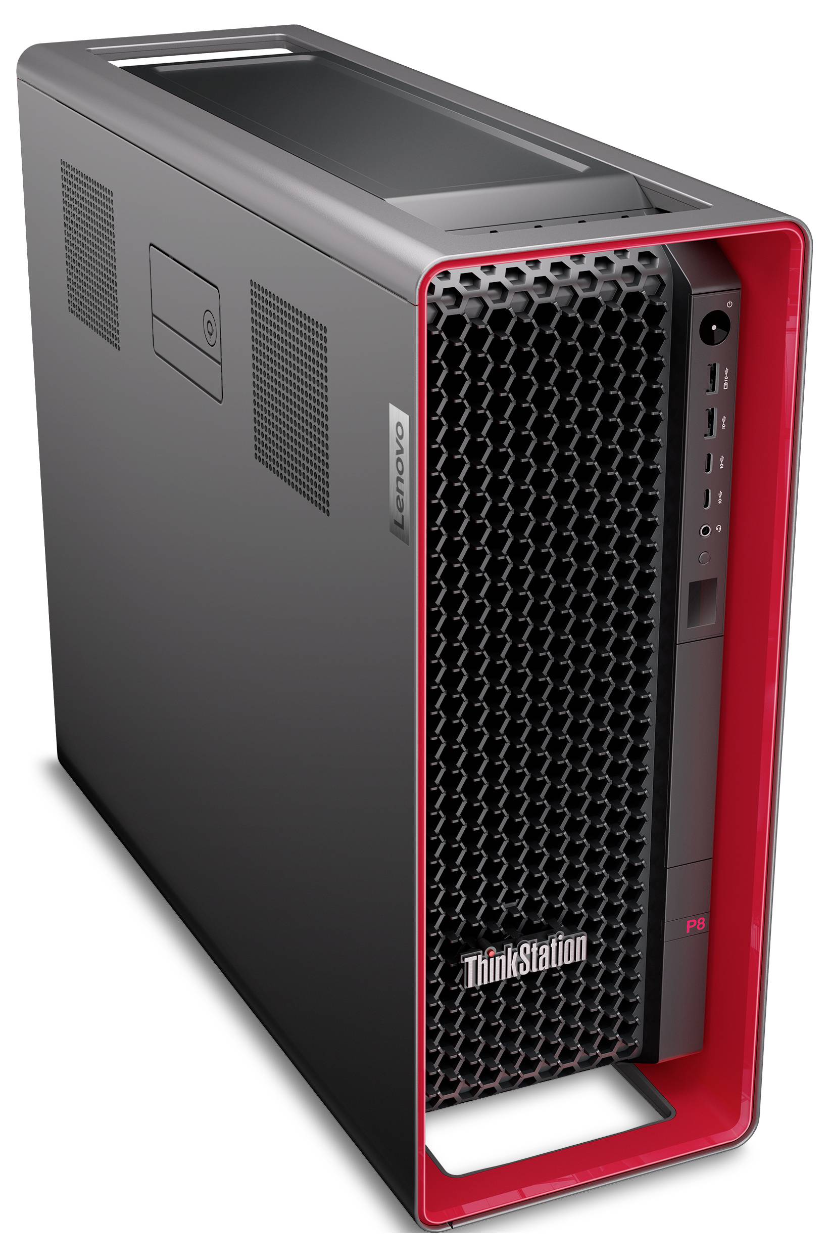 Workstation desktop Lenovo ThinkStation in formato tower, nera con cornice anteriore rossa e pannello frontale con ventilazione a nido d'ape.