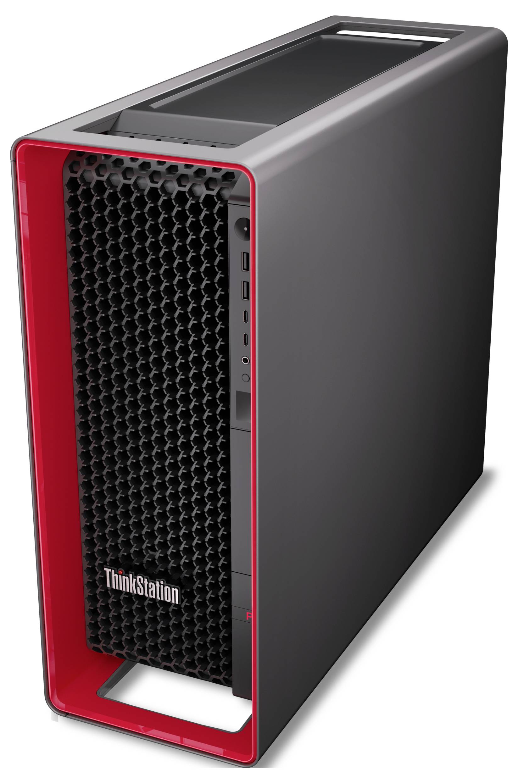 Tower desktop Lenovo ThinkStation nero con cornice frontale rossa e pannello anteriore ventilato a nido d'ape, mostrato su sfondo bianco.