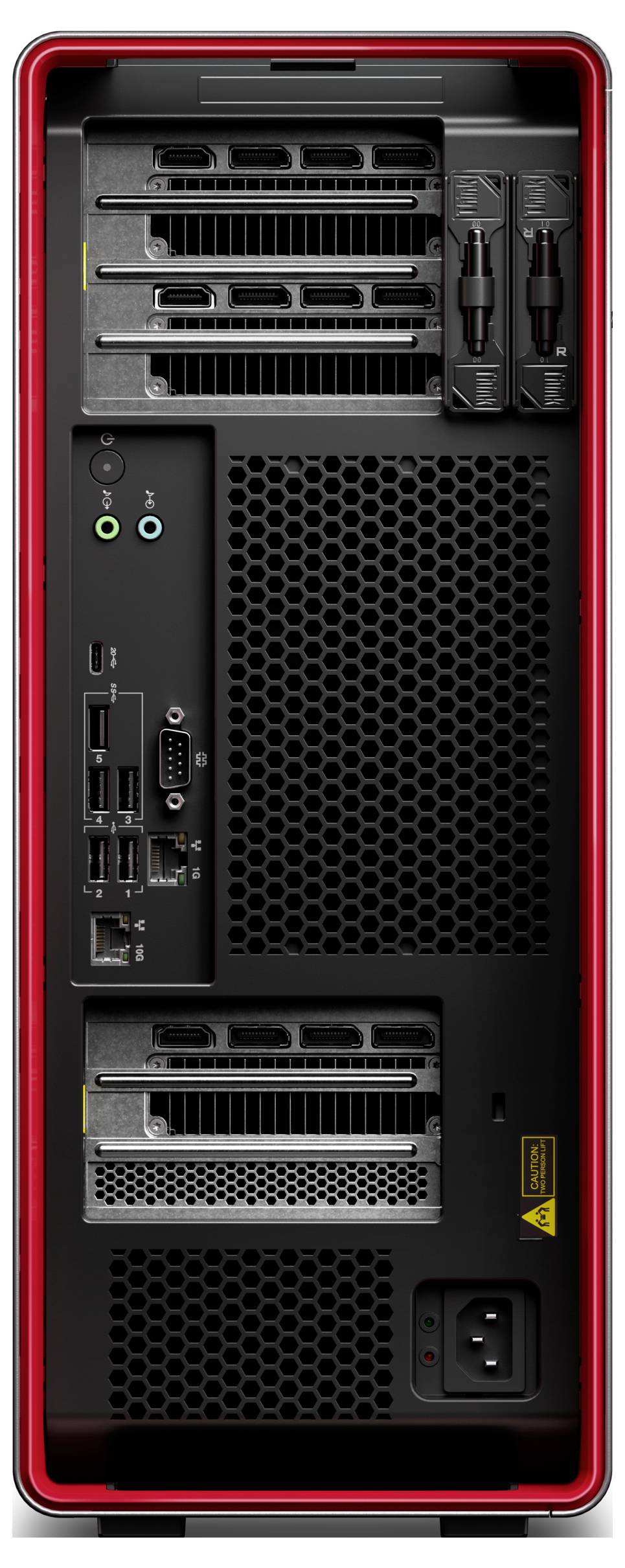 Vista posteriore di una torre di computer desktop che mostra slot di espansione, porte posteriori, ingresso di alimentazione, prese di ventilazione per il raffreddamento e due maniglie di presa all'interno di un case con bordi rossi.