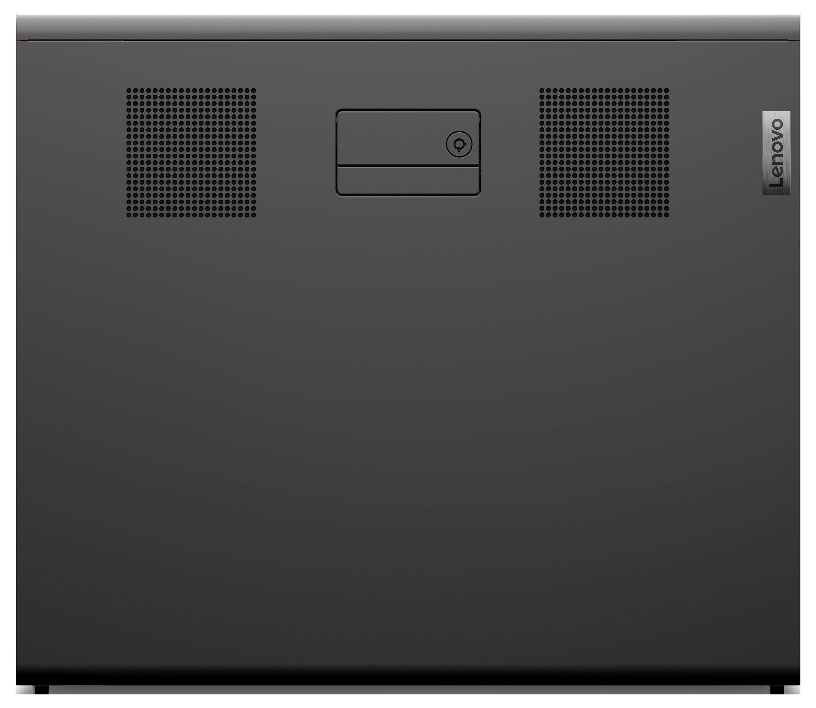 Laptop Lenovo chiuso visto dal basso, che mostra griglie di ventilazione e un pannello di accesso centrale.