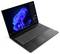 Un laptop Lenovo nero aperto ad angolo, che mostra un desktop Windows con uno sfondo astratto blu e la tastiera visibile.