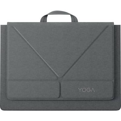 Borsa grigia per tappetino yoga con manico e chiusura a lembo, etichettata "YOGA" sulla parte anteriore.