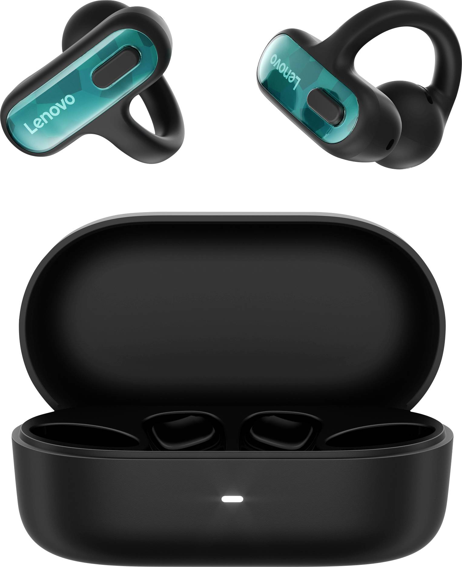 Auricolari wireless Lenovo neri con accenti teal mostrati con custodia di ricarica aperta e due visuali inclinate degli auricolari.