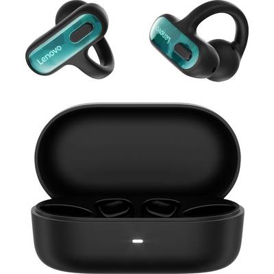 Auricolari wireless Lenovo neri con accenti teal mostrati con custodia di ricarica aperta e due visuali inclinate degli auricolari.
