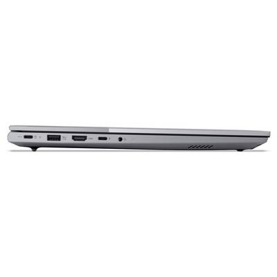 Vista laterale di un laptop argentato chiuso, che mostra il suo bordo sinistro con porte, ventole e uno slot per l'unità.