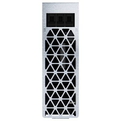 Primo piano del pannello frontale di una torre di computer con una griglia di ventilazione geometrica nera, aperture del vano per i drive nella parte superiore e pulsanti di accensione/ripristino nella parte inferiore.