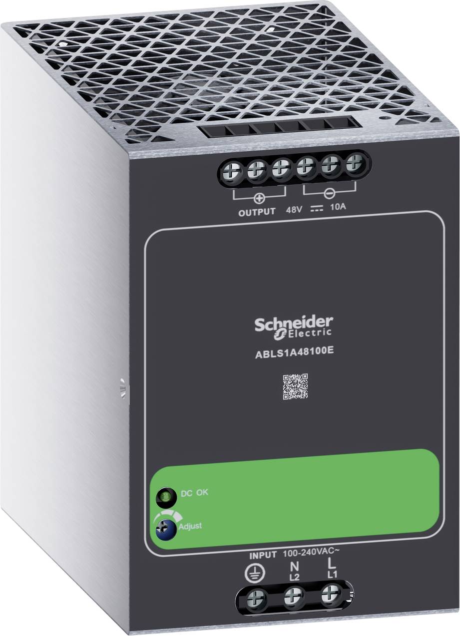Unità di alimentazione Schneider Electric con terminali frontali etichettati "OUTPUT 48V 10A" e "INPUT 100-240VAC" su un alloggiamento nero e verde.