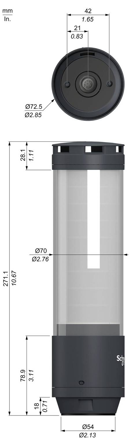 Disegno tecnico di un dispositivo cilindrico, che mostra viste dall'alto e laterali con dimensioni in mm e pollici: altezza di circa 271 mm, diametro del corpo di 70 mm e base di 54 mm.