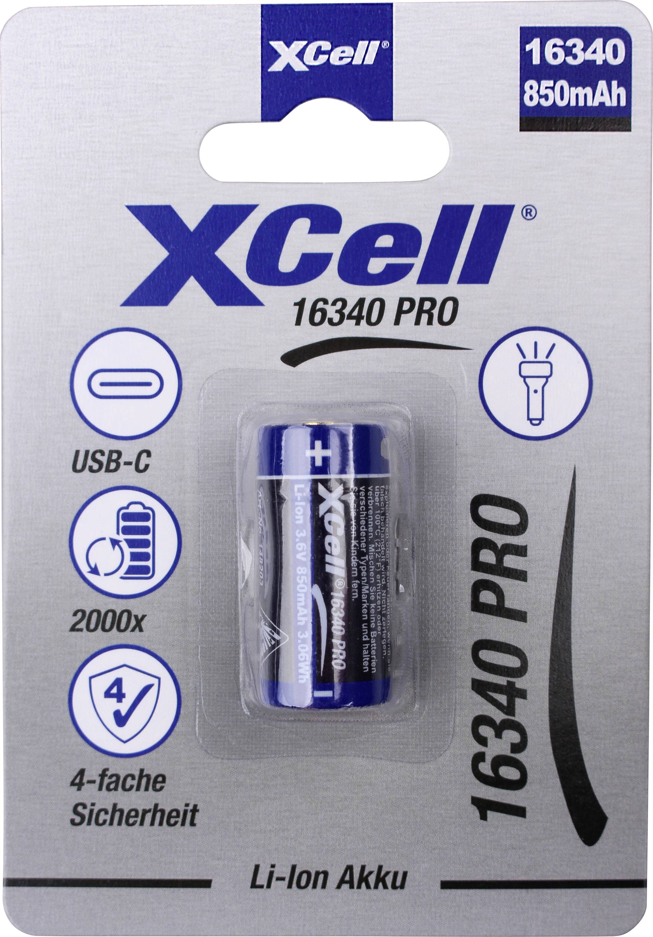 XCell 16340 PRO batteria Li-ion ricaricabile USB-C da 850mAh in confezione blister, con icone di sicurezza e torcia.