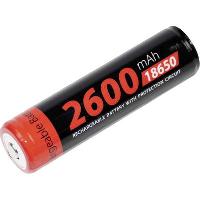 Batteria ricaricabile 18650 nera e rossa etichettata "2600 mAh" su sfondo bianco.