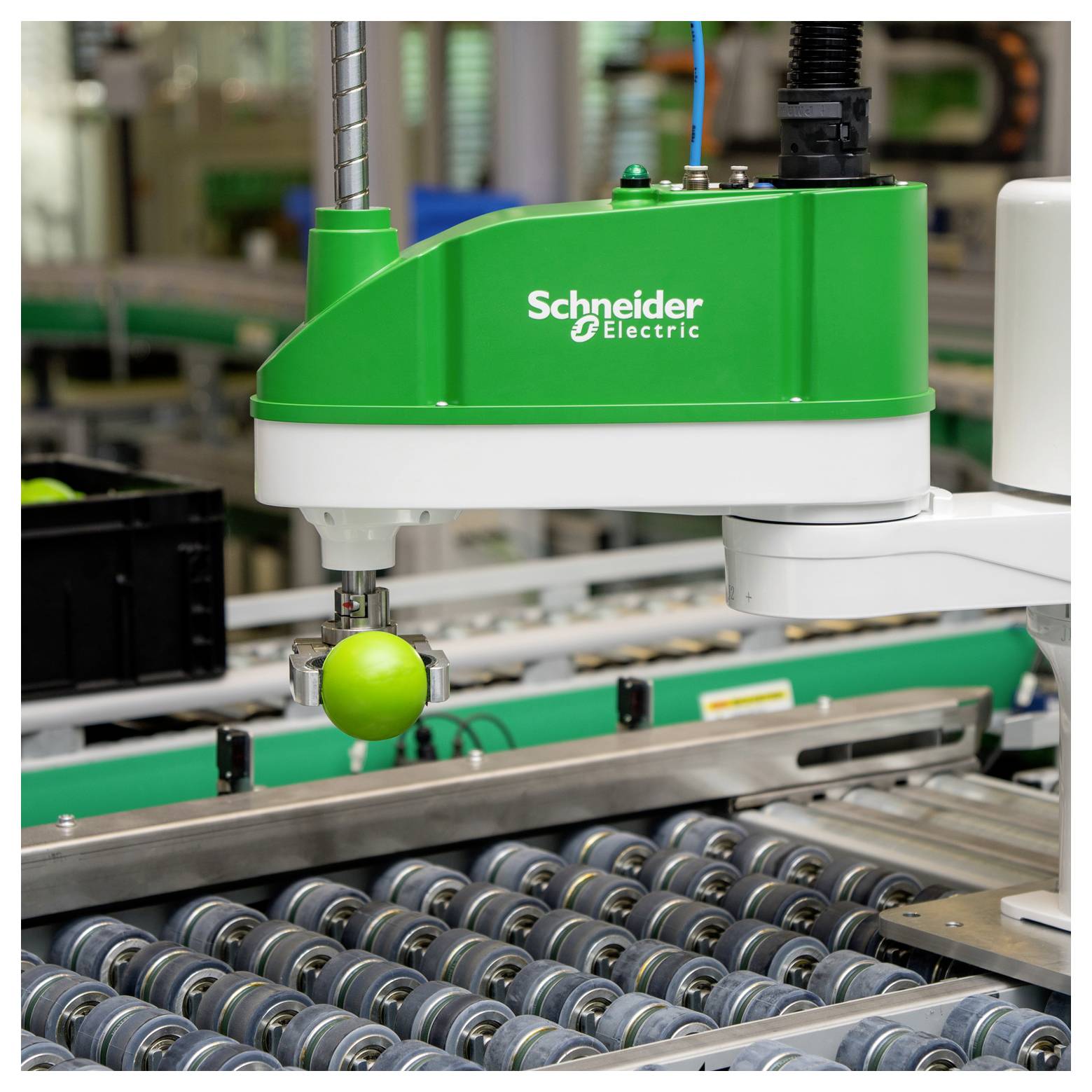 Il braccio robotico Schneider Electric afferra una mela verde sopra un nastro trasportatore di fabbrica con rulli in metallo.