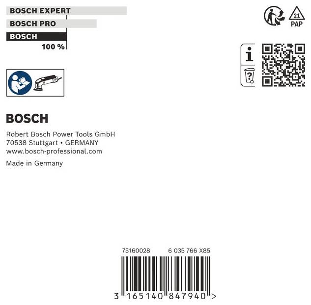Etichetta prodotto Bosch con marchio Bosch Expert/Pro, indirizzo aziendale e sito web, codice QR, simboli di riciclaggio e codice a barre con numeri di parte 75160028 e 6 035 766 X85.