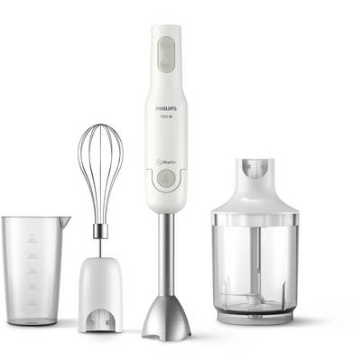 Frullatore ad immersione Philips ProMix bianco 700W con accessorio frustino, ciotola tritatutto e bricco graduato su sfondo bianco.