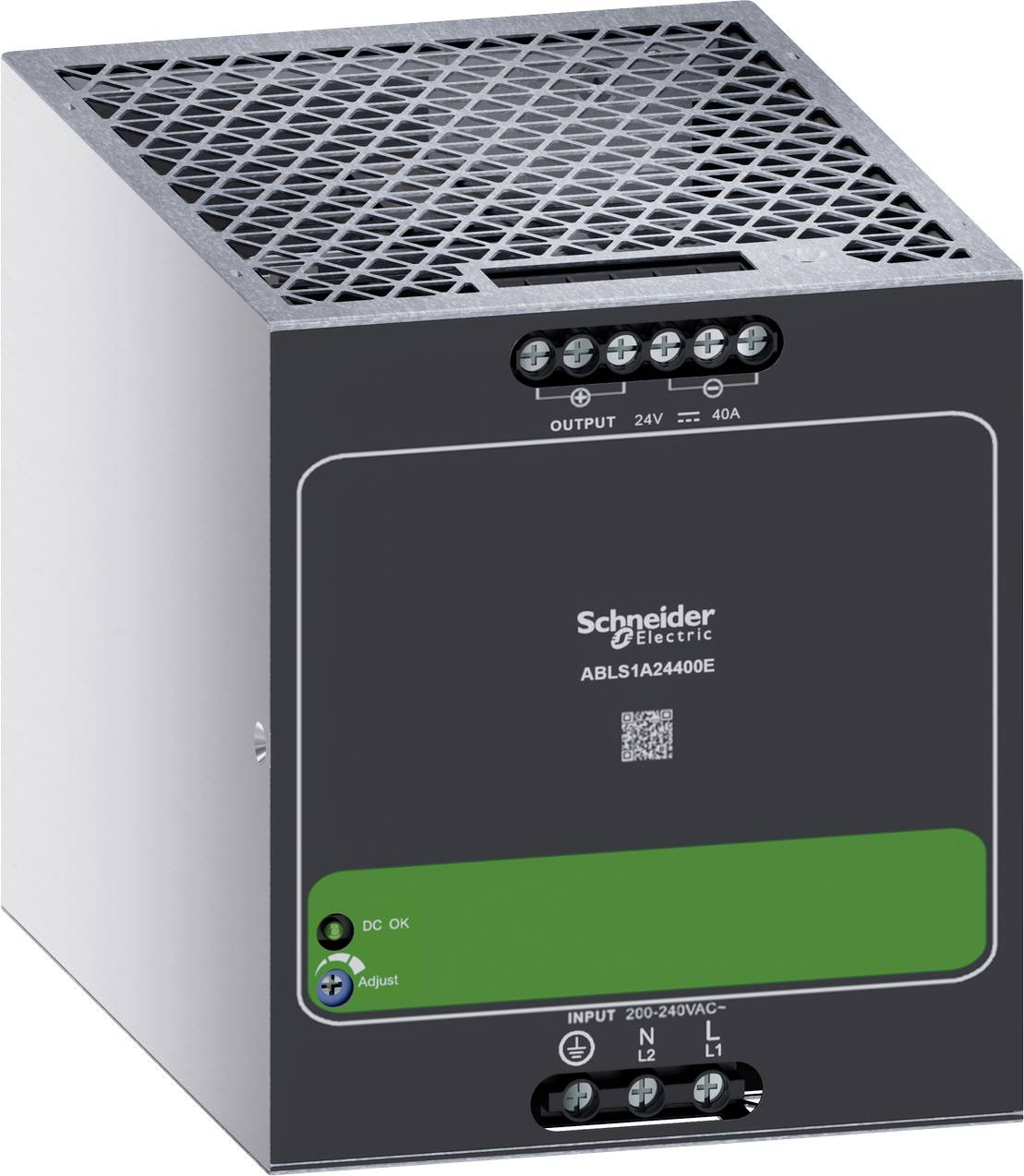 Unità di alimentazione Schneider Electric con terminali frontali etichettati "OUTPUT 24V 40A" e "INPUT 200-240VAC".