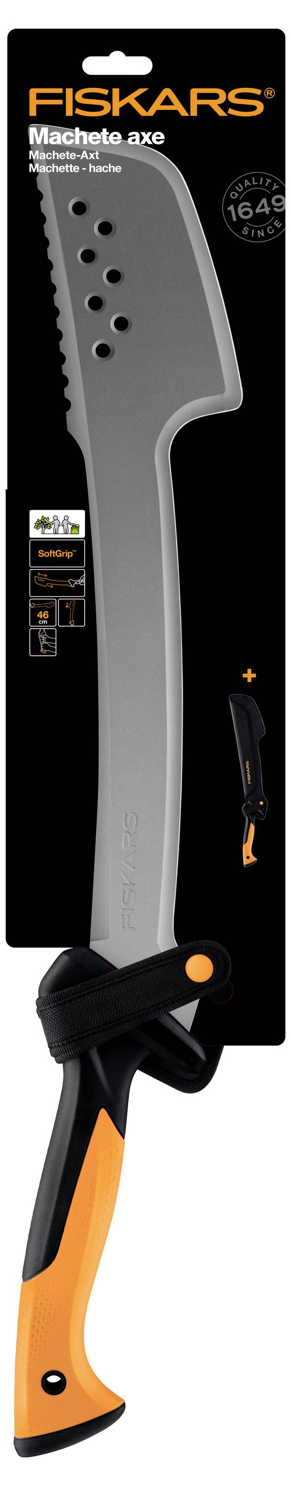 Immagine della confezione di un'ascia machete Fiskars, che mostra una lama curva grigia con manico nero e impugnatura arancione su confezione retail in bianco e nero.
