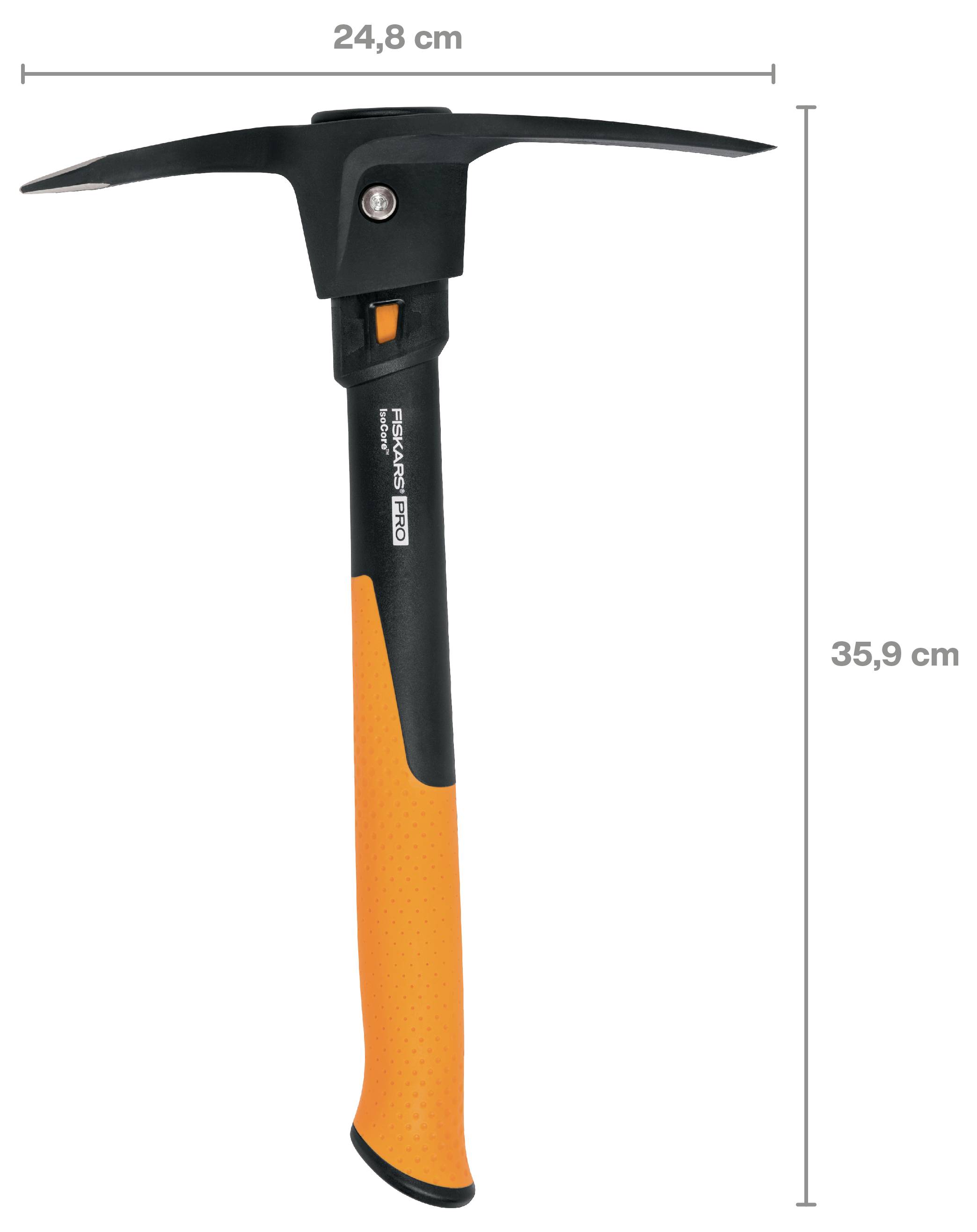 Piccozza nera e arancione mostrata con dimensioni di 24,8 cm di larghezza e 35,9 cm di altezza.
