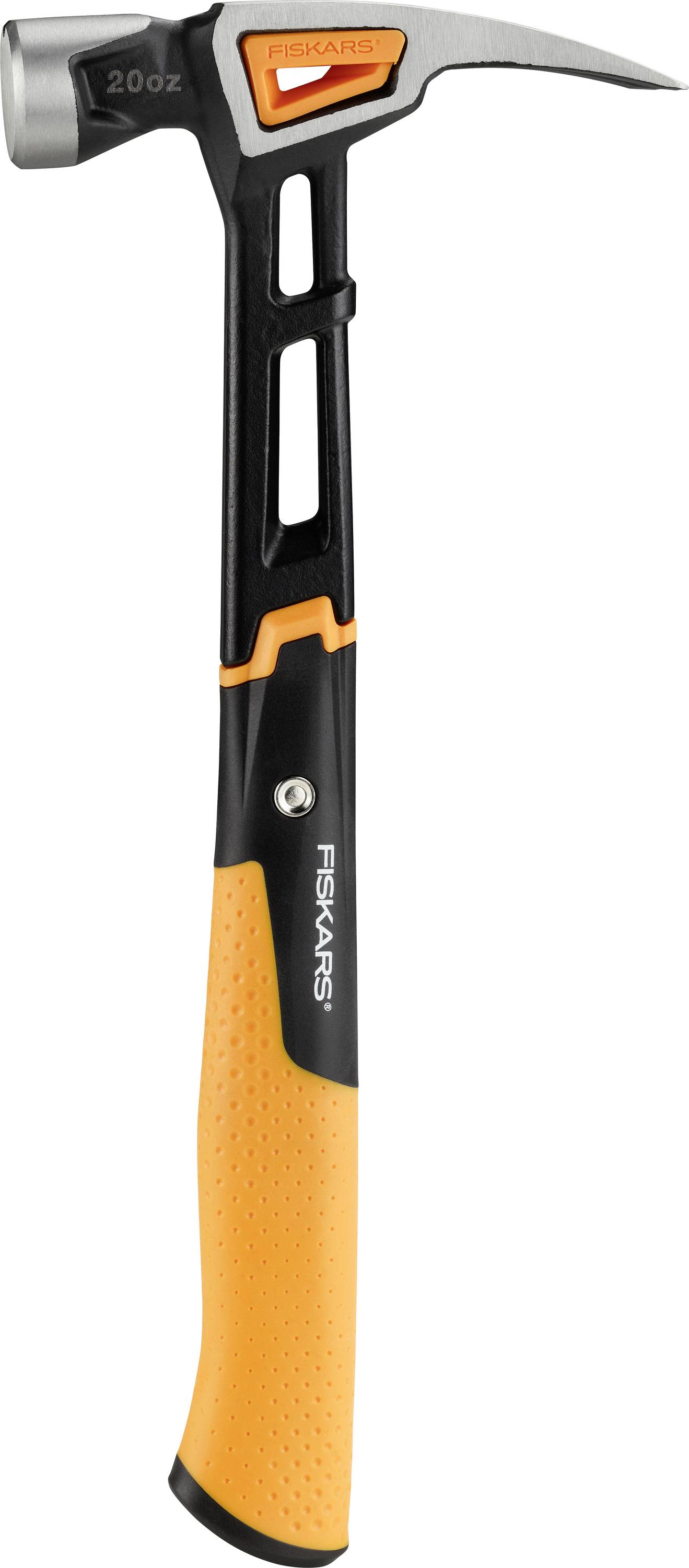 Martello artiglio Fiskars nero e arancione con testa battente argento, mostrato su sfondo bianco.