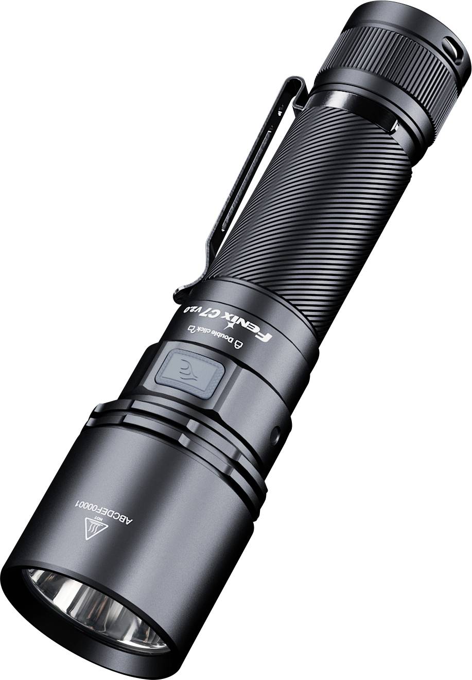 Torcia LED nera con clip e impugnatura rigata, mostrata inclinata su sfondo bianco.