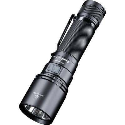 Torcia LED nera con clip e impugnatura rigata, mostrata inclinata su sfondo bianco.
