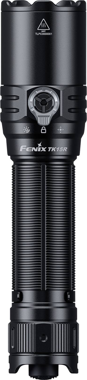 Torcia Black Fenix TK15R mostrata in posizione verticale, con impugnatura texture, pulsanti laterali e lente frontale centrata su uno sfondo semplice.