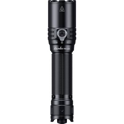 Torcia Black Fenix TK15R mostrata in posizione verticale, con impugnatura texture, pulsanti laterali e lente frontale centrata su uno sfondo semplice.