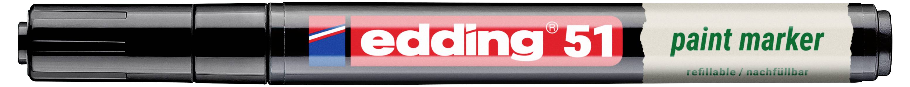 Pennarello marcatore di vernice Black Edding 51 con testo etichetta rosso e verde.