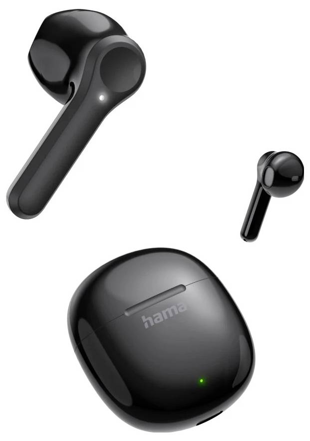 Auricolari wireless neri con custodia di ricarica, mostrati con un auricolare ingrandito e una spia di stato verde sulla custodia.