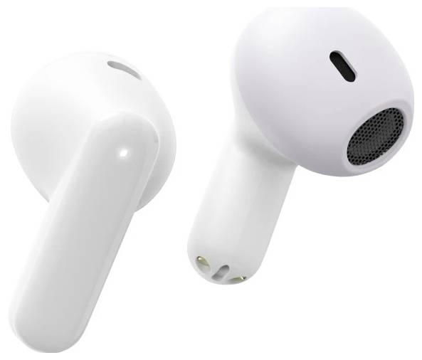 Paio di auricolari wireless bianchi mostrati su uno sfondo bianco neutro, un auricolare rivolto verso il davanti con griglia dell'altoparlante visibile.