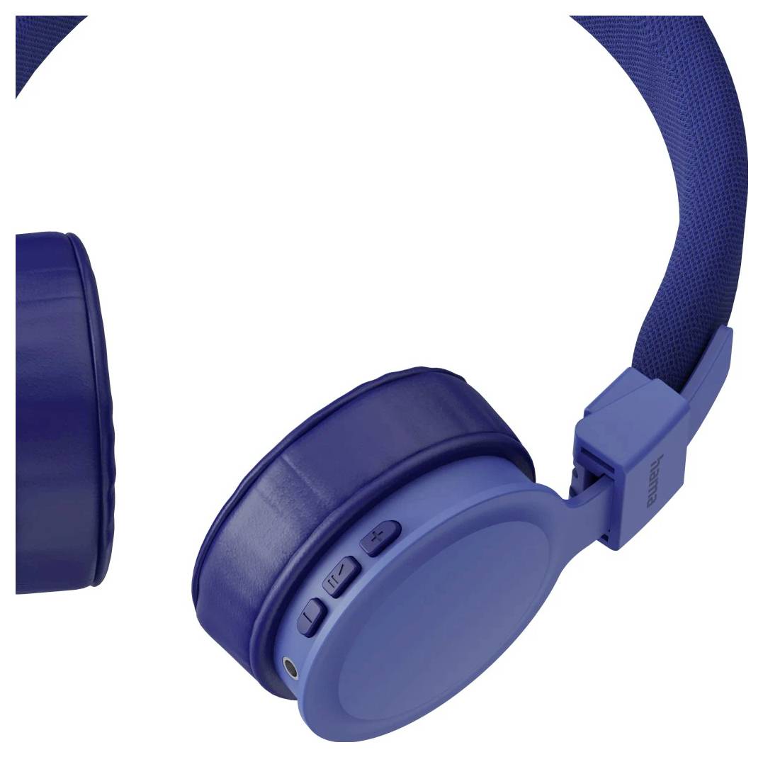 Cuffie over-ear blu mostrate in primo piano, con padiglione auricolare imbottito, pulsanti laterali e archetto su sfondo bianco.