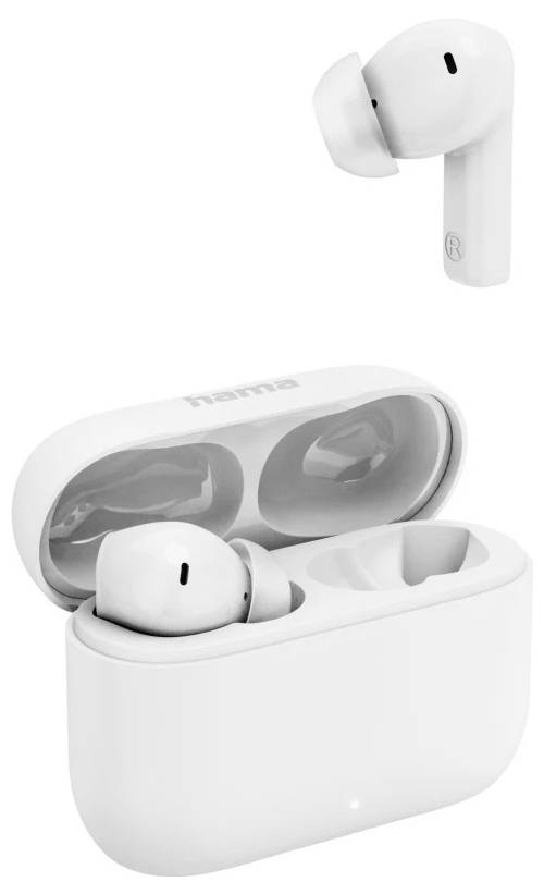 Auricolari wireless bianchi con custodia di ricarica mostrati aperti, con un auricolare sospeso in aria e l'altro appoggiato nella custodia.