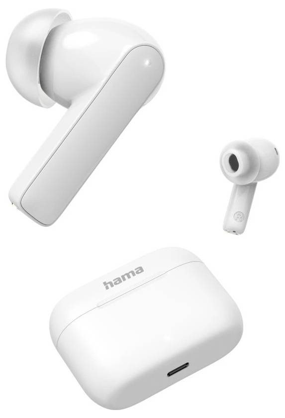 Auricolari wireless bianchi con custodia di ricarica abbinata su uno sfondo neutro.