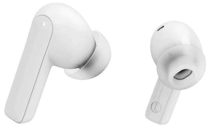 Auricolari wireless bianchi mostrati da due angolazioni, che evidenziano i morbidi inserti auricolari arrotondati e gli steli sottili con marcatura 'L'.