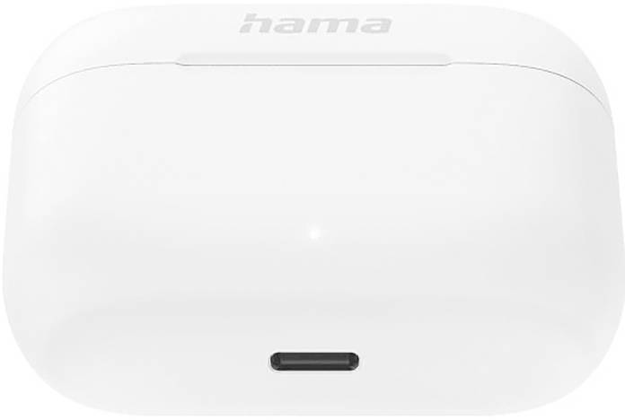Custodia di ricarica wireless Hama bianca o power bank mostrato in vista frontale con una piccola porta/apertura nella parte inferiore.