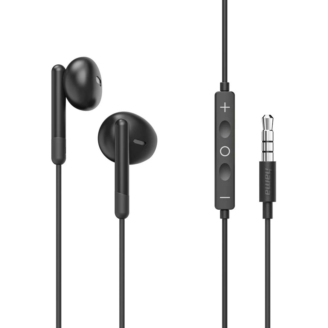 Auricolari neri con filo, dotati di microfono incorporato e controlli del volume, mostrati accanto a un connettore audio da 3,5 mm.