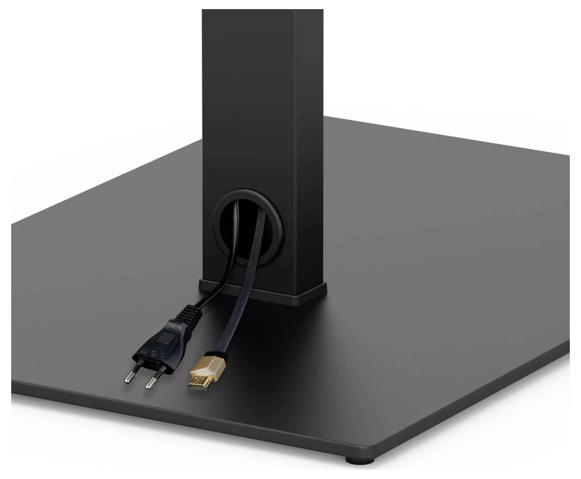 Dispositivo elettronico rettangolare nero su una base con due cavi collegati attraverso una porta posteriore: una spina di alimentazione a due poli e un cavo USB.