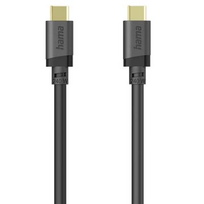 Due cavi USB-C Hama neri con connettori dorati, etichettati '240 W', mostrati affiancati su uno sfondo bianco.